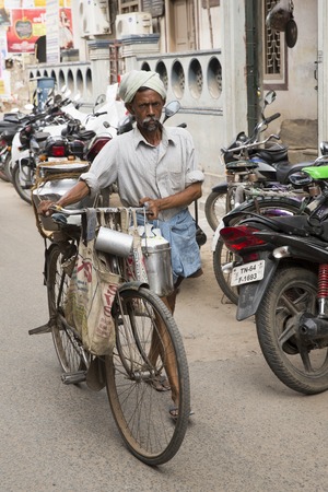 Pondicherry, Tamil Nadu, India - Marsh 02, 2014. The main transportation way in indian villages, cycles, for people products materials businessのeditorial素材