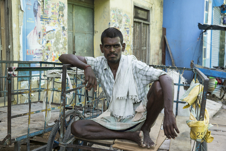 Pondicherry, Tamil Nadu, India - Marsh 02, 2014. The main transportation way in indian villages, cycles, for people products materials businessのeditorial素材
