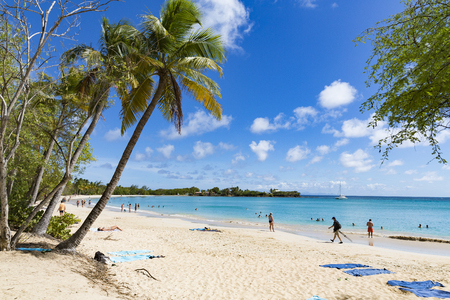 Les salines, Martinique - April 8, 2017. Tropical beach with with sand and blue sea, with people in and near the water.のeditorial素材