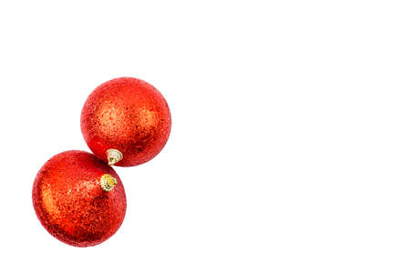 christmas red balls on white background. Place to writeの写真素材