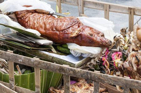 Balinese Traditional Offering Hinduism Buddhism Odalan religion, with big porkの写真素材