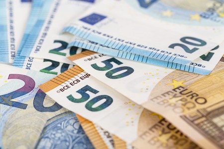 European union currency euro banknotes bills background. 2, 10, 20 and 50 euro. Concept success rich...
