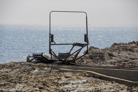 Documentary editorial image. GOURY, HAGUE HEADLAND, FRANCE, EUROPE - May circa, 2018. Life boat on the sea, ready to go for rescue operation at Raz Blanchard, the strongest tidal currents in the world.のeditorial素材