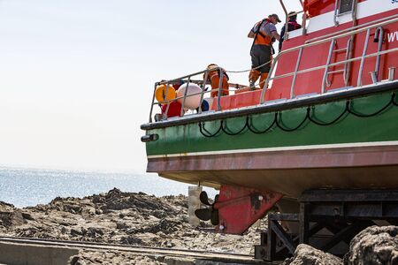 Documentary editorial image. GOURY, HAGUE HEADLAND, FRANCE, EUROPE - May circa, 2018. Life boat come from the garage,on the rail to go to the sea for rescue operation at Raz Blanchard, the strongest tidal currents in the world.のeditorial素材