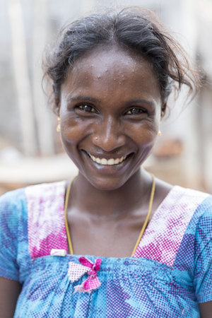 PONDICHERY, PUDUCHERRY, TAMIL NADU, INDIA - SEPTEMBER CIRCA, 2017. An unidentified Indian Ethnicity Happy smiling smile pretty Woman Portrait outdoor.のeditorial素材