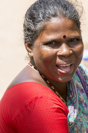 PONDICHERY, PUDUCHERRY, TAMIL NADU, INDIA - SEPTEMBER CIRCA, 2017. An unidentified Indian Ethnicity Happy smiling smile pretty Woman Portrait outdoor.のeditorial素材