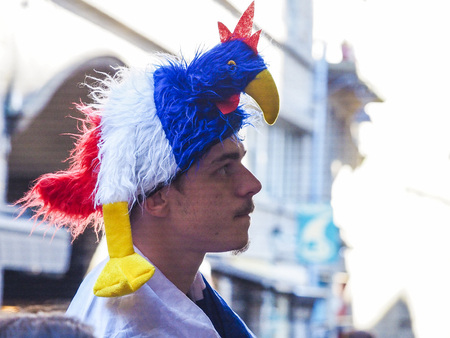ST MALO, FRANCE - JULY 15, 2018. Unidentified French football fans supporters at France in front of the tv, during the final match of FIFA World Cup Russia 2018 France vs Croatia. France won 4-2のeditorial素材