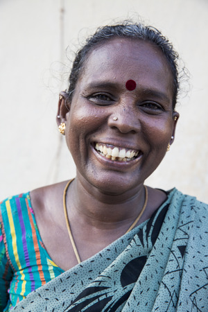 PONDICHERY, PUDUCHERRY, TAMIL NADU, INDIA - SEPTEMBER CIRCA, 2017. An unidentified Indian Ethnicity Happy smiling smile pretty Woman Portrait outdoor.のeditorial素材