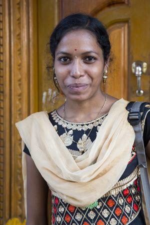 PONDICHERY, PUDUCHERRY, TAMIL NADU, INDIA - SEPTEMBER CIRCA, 2017. An unidentified Indian Ethnicity Happy smiling smile pretty Woman Portrait outdoor.のeditorial素材