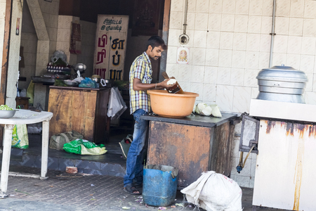 PONDICHERY, PUCUCHERRY, TAMIL NADU, INDIA - SEPTEMBER CIRCA, 2017. Local street food shop restaurant on the road at Pondichery, India. Cheap and very good typical traditional foodのeditorial素材