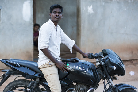 PONDICHERY, PUDUCHERRRY, TAMIL NADU, INDIA - SEPTEMBER CIRCA, 2017. The main transportation way in indian villages, motirbikes, for people products materials businessのeditorial素材