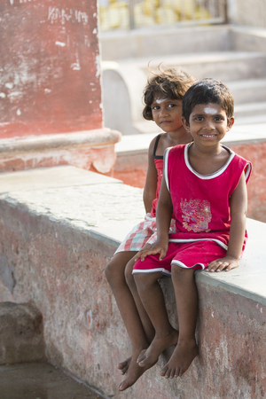 PONDICHERY, PUDUCHERRY, TAMIL NADU, INDIA - MARCH CIRCA, 2018. Unidentified Smiling face portrait of a young child or young girl from rural part of Indiaのeditorial素材
