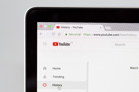 YAINVILLE, FRANCE - SEPTEMBER 18, 2018. Youtube history page sharing service on laptop screen...