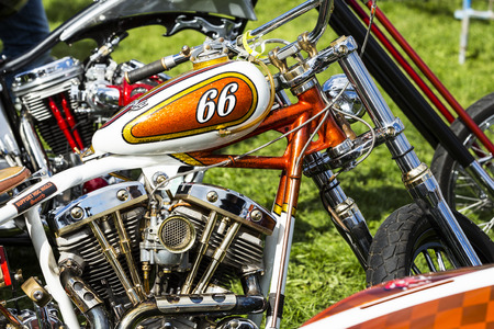 EVREUX, FRANCE - SEPTEMBER 16, 2018. Cropped image of new shiny motorcycle motorbike engine. Biker stuff, Harley Davidson commercial brandのeditorial素材