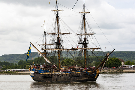 ROUEN, FRANCE - JULY Circa, 2016. End of the Armada in Rouen, boats galleon ships on the river Seine. Differents naval transportation going to their country. Very important International festival in France, next in July 2019のeditorial素材
