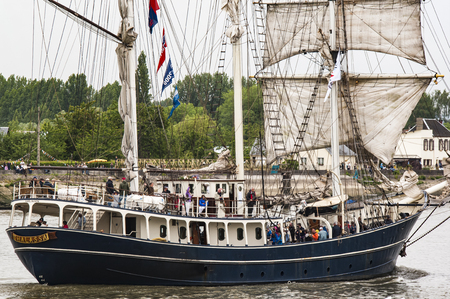 ROUEN, FRANCE - JULY Circa, 2016. End of the Armada in Rouen, boats galleon ships on the river Seine. Differents naval transportation going to their country. Very important International festival in France, next in July 2019のeditorial素材