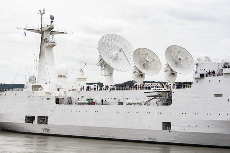 ROUEN, FRANCE - JULY Circa, 2016. End of the Armada in Rouen, boats galleon ships on the river Seine. Navy boat naval transportation going to their country. Very important International festival in France, next in July 2019のeditorial素材