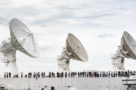 ROUEN, FRANCE - JULY Circa, 2016. End of the Armada in Rouen, boats galleon ships on the river Seine. Navy boat naval transportation going to their country. Very important International festival in France, next in July 2019のeditorial素材