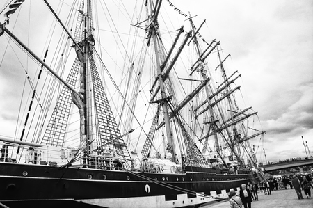 ROUEN, FRANCE - JULY Circa, 2016. End of the Armada in Rouen, boats galleon ships in port on the river Seine. Navy boat naval transportation. Very important International festival exhibition parade in France.のeditorial素材