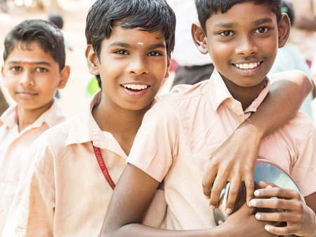 PUDUCHERRY, INDIA - DECEMBER Circa, 2018. Unidentified best children boys friends classmates in...