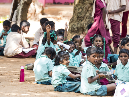 PUDUCHERRY, INDIA - DECEMBER Circa, 2018. Unidentified group children girls boys friends classmates...