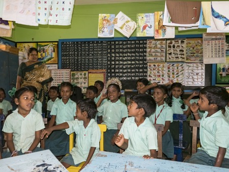 PUDUCHERRY, INDIA - DECEMBER Circa, 2018. Unidentified happy pupils classmates in government school...