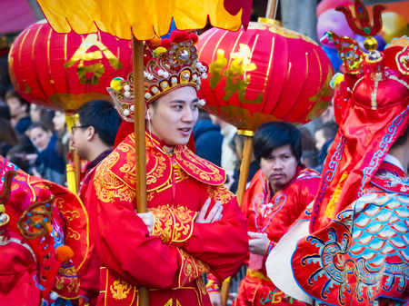 PARIS, FRANCE - FEBRUARY 17, 2019. Last day of the chinese new year celebration festival in street. Portrait of people show with colorful costumes and decorations. 200 thousands, multi ethnic asian caucasian man woman. Year of pigのeditorial素材