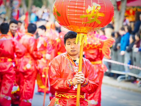 PARIS, FRANCE - FEBRUARY 17, 2019. Last day of the chinese new year celebration festival in street....