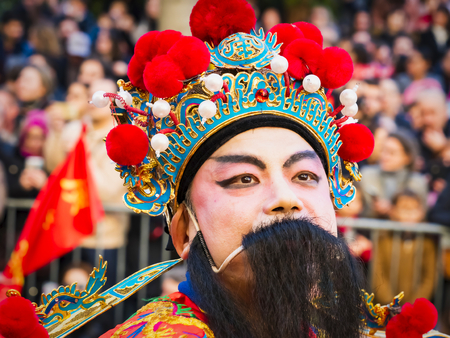 PARIS, FRANCE - FEBRUARY 17, 2019. Last day of the chinese new year celebration festival in street. Portrait of people show with colorful costumes and decorations. 200 thousands, multi ethnic asian caucasian man woman. Year of pigのeditorial素材