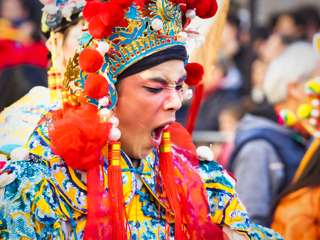 PARIS, FRANCE - FEBRUARY 17, 2019. Last day of the chinese new year celebration festival in street. Portrait of people show with colorful costumes and decorations. 200 thousands, multi ethnic asian caucasian man woman. Year of pigのeditorial素材