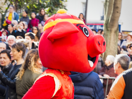 PARIS, FRANCE - FEBRUARY 17, 2019. Last day of the chinese new year celebration festival in street....