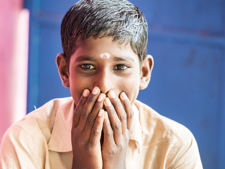 PUDUCHERY, INDIA - DECEMBER Circa, 2018. Portrait of unidentified handsome cute smiling indian boy...