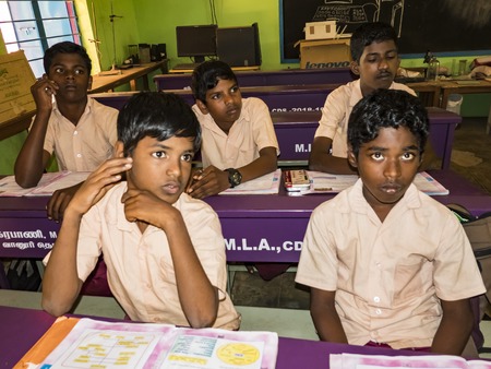PUDUCHERRY, INDIA - DECEMBER Circa, 2018. Unidentified happy classmates in government school...