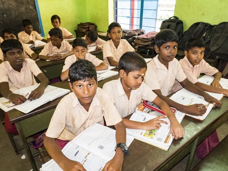 PUDUCHERRY, INDIA - DECEMBER Circa, 2018. Unidentified happy classmates in government school...