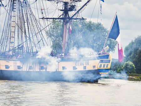 RIVES EN SEINE, FRANCE - June 5, 2019. Hermione sailing french very old boat on the river Seine,...