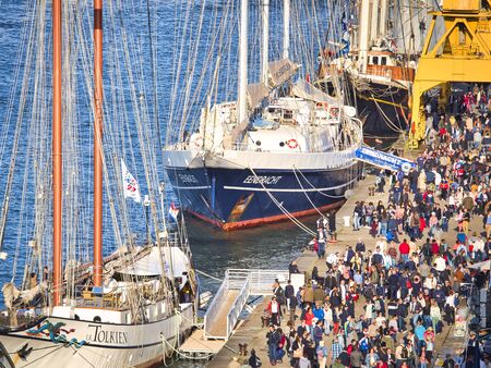 ROUEN, FRANCE - JUNE 8, 2019. Aerial view of Armada exhibition greatest sailboats at Rouen dock on...