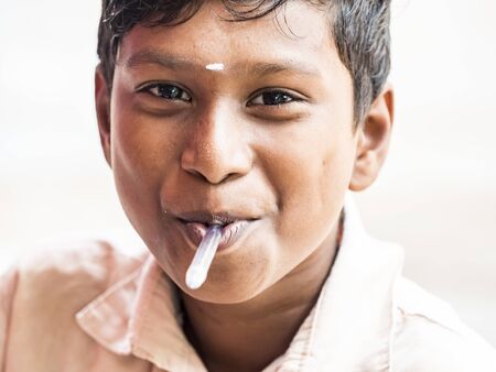 PUDUCHERY, INDIA - DECEMBER Circa, 2018. Portrait of unidentified handsome cute smiling indian boy...