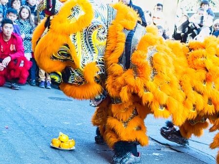 PARIS, FRANCE - FEBRUARY 17, 2019. Last day of the chinese new year celebration festival in street. Colorful lions decoration masks in the street eating vegetables orange fruits offerings during the parade festival. Traditional celebration.のeditorial素材