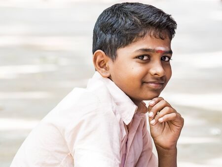 PUDUCHERY, INDIA - DECEMBER Circa, 2018. Portrait of unidentified handsome cute smiling indian boy...