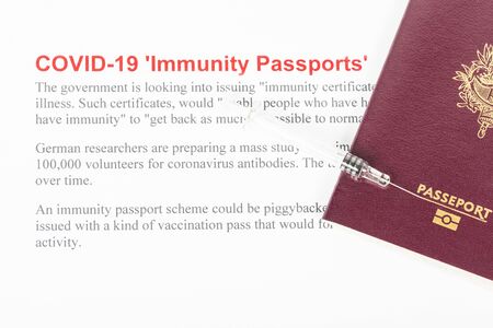 Immunity passport certificate Coronavirus Covid-19 to stop lockdown, after vaccination or treatment against virus pandemyの写真素材