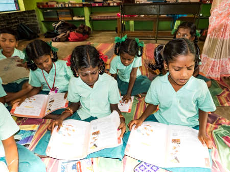 PUDUCHERRY, INDIA - DECEMBER Circa, 2018. Unidentified happy classmates in government school...