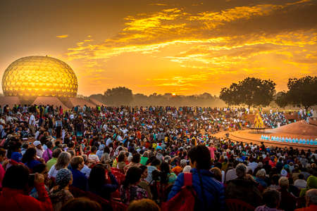 AUROVILLE, INDIA - FEBRUARY Circa, 2018. Large view on Matrimandir gold ball building, with...