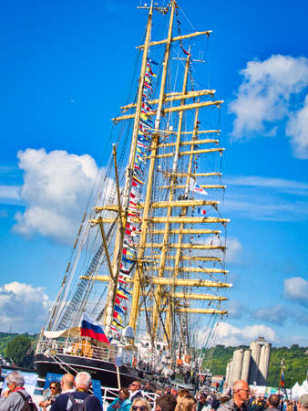 ROUEN, FRANCE - JUNE 8, 2019. Point view from dock of Armada exhibition, greatest sailboats at Rouen...