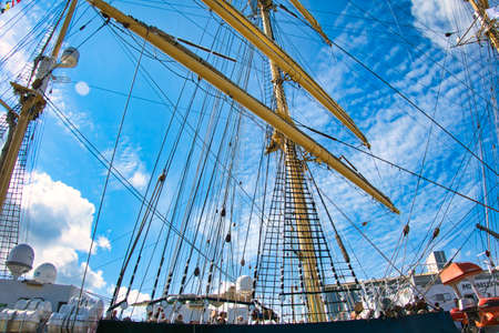ROUEN, FRANCE - JUNE 8, 2019. Point view from dock of Armada exhibition, greatest sailboats at Rouen on Seine river. International meeting for biggest old schooners and frigates ship in world.のeditorial素材
