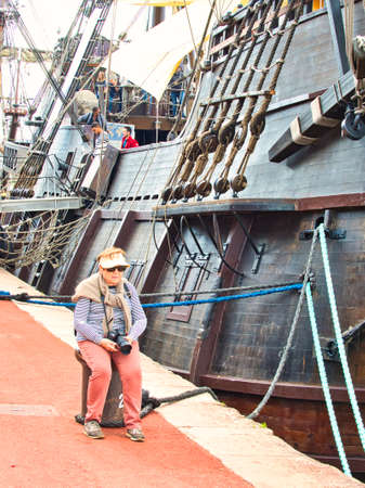 ROUEN, FRANCE - JUNE 8, 2019. Point view from dock of Armada exhibition, greatest sailboats at Rouen on Seine river. International meeting for biggest old schooners and frigates ship in world.のeditorial素材