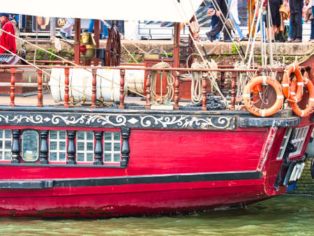 ROUEN, FRANCE - JUNE Circa, 2019. At Armada exhibition, part of the spanish two masts schooner Atyla, using Esteban Vicente Jimenez designs, nineteenth century, boat called Taurus before. Serving as training ship in Europeのeditorial素材