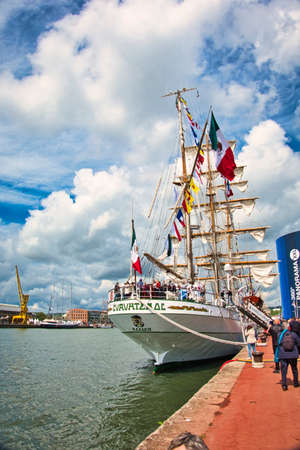 ROUEN, FRANCE - June Circa, 2019. Part of the great mexican three-masted schooner Cuauhtemoc on the Seine river for Armada parade. Training vessel, history of mexico. Boat accustomed to challenges of seas.のeditorial素材