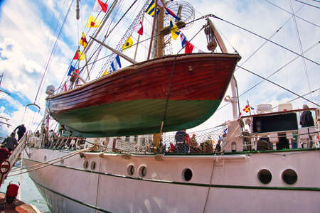 ROUEN, FRANCE - June Circa, 2019. Part of the great mexican three-masted schooner Cuauhtemoc on the Seine river for Armada parade. Training vessel, history of mexico. Boat accustomed to challenges of seas.のeditorial素材