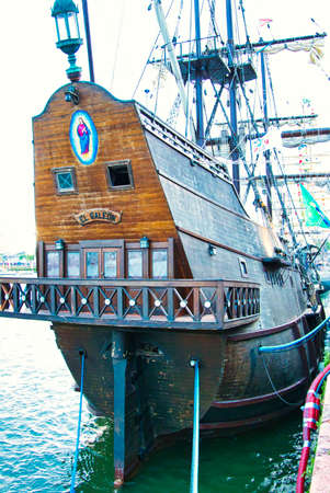 ROUEN, FRANCE - JUNE Circa, 2019. Part of El Galeon Andalucia on the Seine river, for Armada exhibition. Nao Victoria fundation. Real floating museum for construction techniques.のeditorial素材