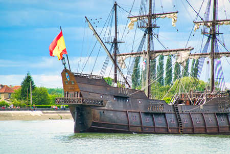 ROUEN, FRANCE - JUNE Circa, 2019. Part of El Galeon Andalucia on the Seine river, for Armada exhibition. Nao Victoria fundation. Real floating museum for construction techniques.のeditorial素材